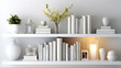 White shelves with white books and decor, light white interior of living room or cabinet in house, stylish and cozy design in minimalist style. Generative Ai