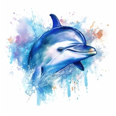 Canvas Print - Graceful Guardian: A Portrait of a Dolphin, Watercolor on white background.