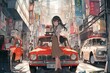 Explore the bustling streets of a retro - futuristic city through the eyes of a determined taxi driver anime girl, manga style illustration generative ai