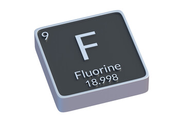 Fluorine F chemical element of periodic table isolated on white background. Metallic symbol of chemistry element. 3d render