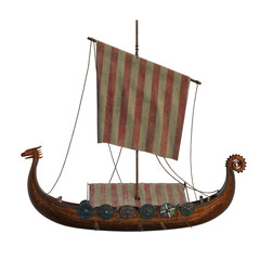 Poster - Viking wooden long boat with a dragon head carving on the bow viewed from the port side. Isolated 3D illustration.