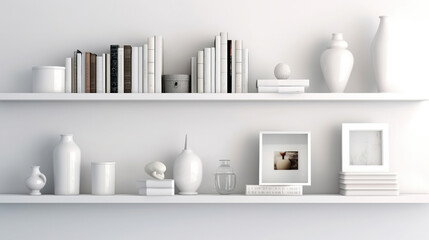 White shelves with white books and decor, light white interior of living room or cabinet in house, stylish and cozy design in minimalist style. Generative Ai