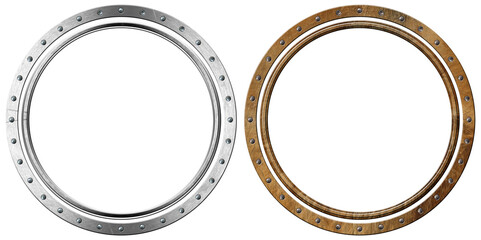Two metal portholes with screws, isolated on white or transparent background, 3d illustration. Png.
