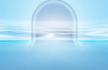 Poster - Blue product scene booth with glass arched window water background, 3D rendering