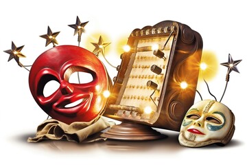 Poster - theatrical masks with light bulbs isolated on white background. Generated by AI.