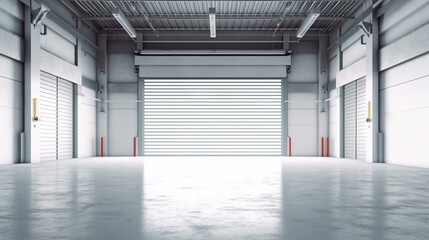 Roller door or roller shutter using for factory, warehouse or hangar, for product display or industry background. Generative Ai