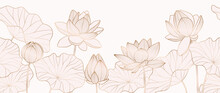 Luxury Hand Drawn Lotus Flowers Background Vector. Elegant Gradient Gold Lotus Flowers Line Art, Leaves On White Background. Oriental Design For Wedding Invitation, Cover, Print, Decoration, Template.
