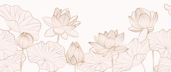 Wall Mural - luxury hand drawn lotus flowers background vector. elegant gradient gold lotus flowers line art, lea
