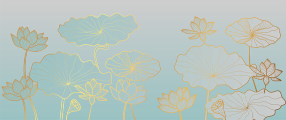 Wall Mural - luxury hand drawn lotus flowers background vector. elegant gradient gold lotus flowers line art, lea