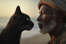 Generative AI Illustration Of Mature Thoughtful Black Man With An Adorable Black Cat Looking At Each Other On A Blurred Background
