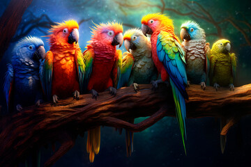 Wall Mural - A group of birds parrots sitting on top of a tree branches. Generative AI