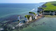 Panoramic Aerial View Of The Old Harry Rocks, Jurrasic Coast, Famous Landmark In Dorset, England, During A Sunny Spring Day