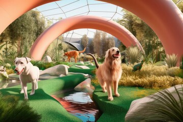 Poster - dog and cat architects designing futuristic park with greenery, water features, and playground equipment, created with generative ai