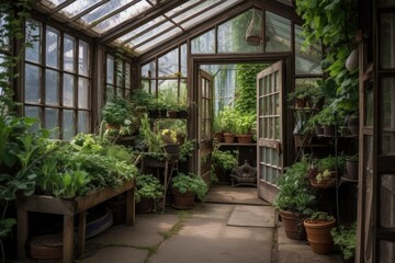 Wall Mural - greenhouse with cascade of greenery spilling out the door, created with generative ai