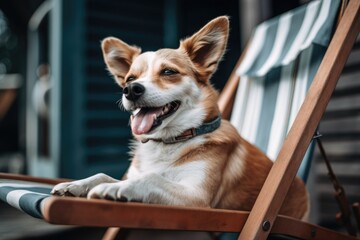 Wall Mural - portrait of happy dog, with its tongue hanging out, sitting on deckchair, created with generative ai