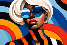 Generative AI Illustration Of Abstract Portrait Of Painting Artwork Of Young African American Female With White Hair And Sunglasses Looking At Camera
