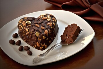 Wall Mural - heart-shaped brownie on a white plate with chocolate chips and nuts, created with generative ai