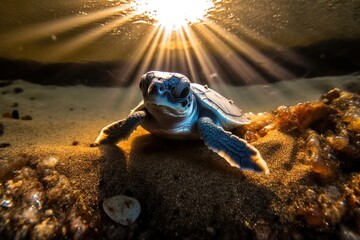 Wall Mural - sea turtle hatchling emerging from its shell, surrounded by shining rays of light, created with generative ai