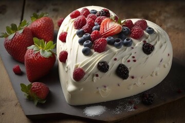 Wall Mural - heart-shaped cake with fresh berries and cream cheese frosting, created with generative ai