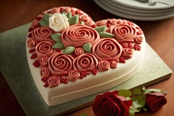 Sticker - heart-shaped cake with cascading frosting and rose accents, created with generative ai