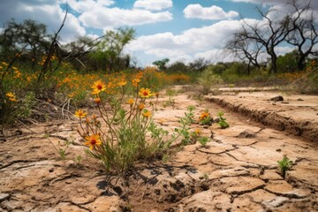 Sticker - dry and cracked earth, with native plants blooming in the background, created with generative ai