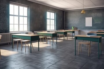Wall Mural - empty classroom with chalkboard and wooden desks for school project or learning, created with generative ai