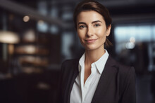 AI Generated Image Of Smiling Brunette Businesswoman Waist Up In The Hotel Lobby, Wearing Black Jacket And Looking At Camera