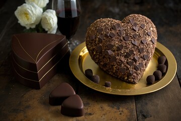 Wall Mural - heart-shaped cake flanked by a stack of perfectly portioned chocolate truffles, created with generative ai