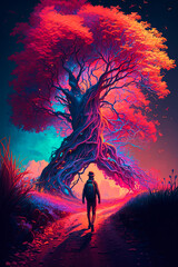 Poster - A person walking along a path through a magical forest. Generative AI 