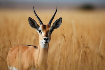 Wall Mural - The springbok (medium-sized antelope) in tall yellow grass. Wild african animals, generative AI