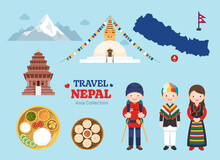 Travel Nepal Flat Icons Set. Nepalese  Element Icon Map And Landmarks Symbols And Objects Collection. Vector Illustration