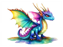 Magical Colorful Dragon Full Body Water Color, Generative AI Illustration.