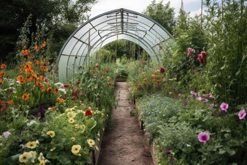 Canvas Print - greenhouse in a garden surrounded by blooming flowers, created with generative ai