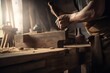 woodworker handcrafting wooden sign for storefront, with saw and hammer in view, created with generative ai