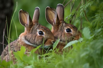 Wall Mural - close-up of two rabbits snuggling, surrounded by lush green meadow, created with generative ai