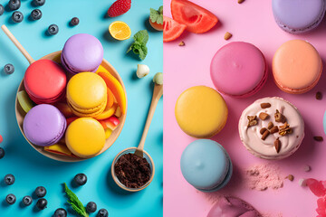 Wall Mural - Colorful macaroons with berries on a pink and blue background, Generative AI