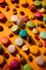 Wall Mural - Colored macaroons and sweets on a yellow background, Generative AI