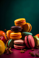 Wall Mural - Colorful macaroons on a green background, Generative AI