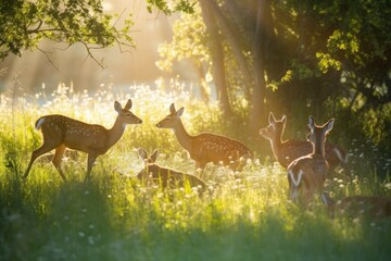 Wall Mural - bunnies and fawns playing in a sun-drenched meadow, created with generative ai