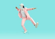 Man In Animal Costume Dancing And Having Fun. Funny Guy With Animal Head Dancing In Studio. Full Body Length Happy Man In Pink Party Suit And White Horse Mask Dances Isolated On Bright Blue Background
