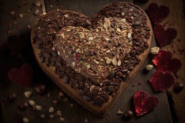 Sticker - heart-shaped brownie surrounded by heart shape of chocolate and sprinkled with nuts, created with generative ai