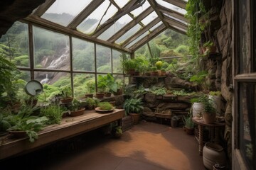 Canvas Print - greenhouse with view of lush garden and a waterfall, created with generative ai