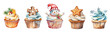 Set of watercolor christmas cupcakes isolated on white. 