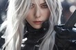 © yj - a lady knight in black armor with long white hair, fantasy digital art style. generative AI