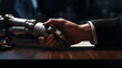 © Margo_Alexa - androids and human handshake, agreement. copyspace. Generative AI