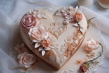 Poster - wedding cake in the shape of a heart, with intricate details and delicate sugar roses, created with generative ai