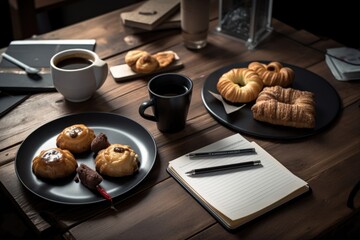 Canvas Print - coffee break ritual with notebook, pen, and snack on desk, created with generative ai