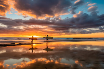 Wall Mural - Surfers during sunset, amazing cloud sunset reflection on water ai generated art Generative AI