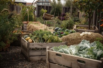 Poster - close-up of a community garden with the harvest in full swing, created with generative ai