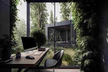 Poster - office with a view of the garden, surrounded by greenery, created with generative ai